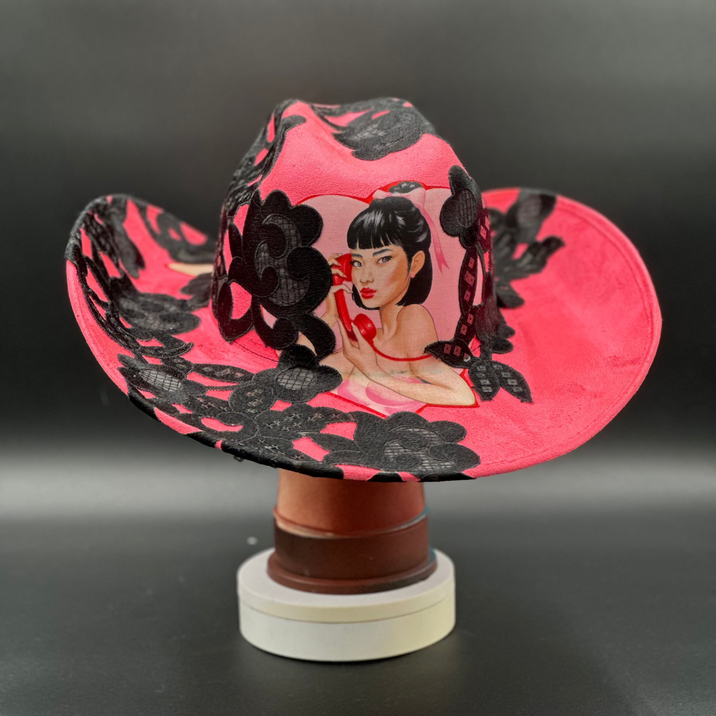 Back view of the L.A. Pinup Girl Hot Pink Suede Hat, featuring the pinup girl embroidery and suede texture.