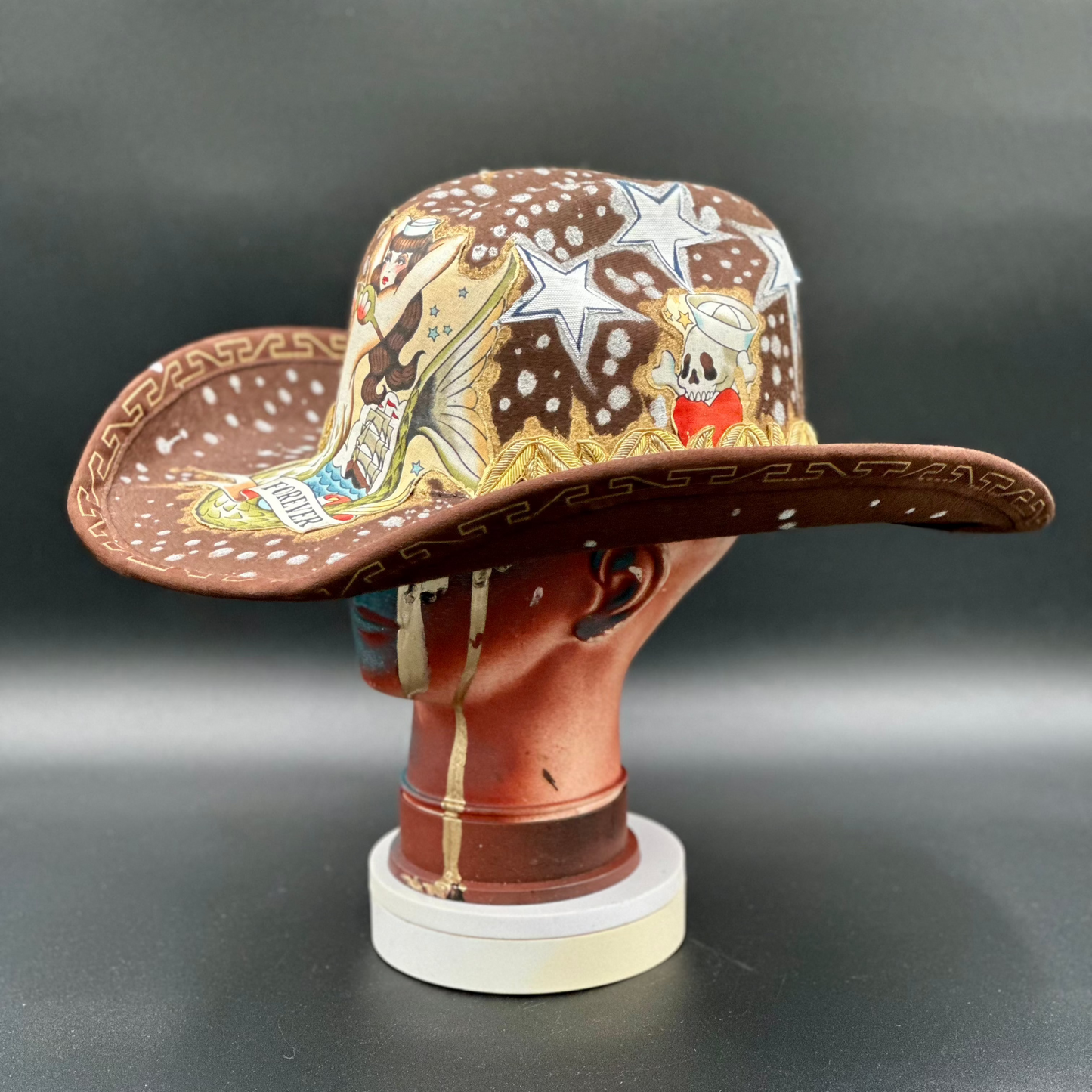 Side view of the American Traditional Brown Cowboy Hat, showcasing the detailed design.