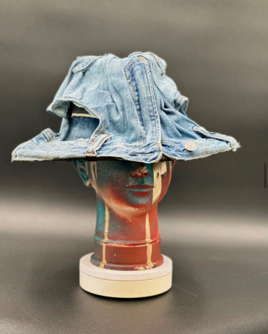 David2L Recycled Denim Hard Bucket Hat crafted from recycled denim jeans displayed on a mannequin head. Front view showing the hat's full design and shape.