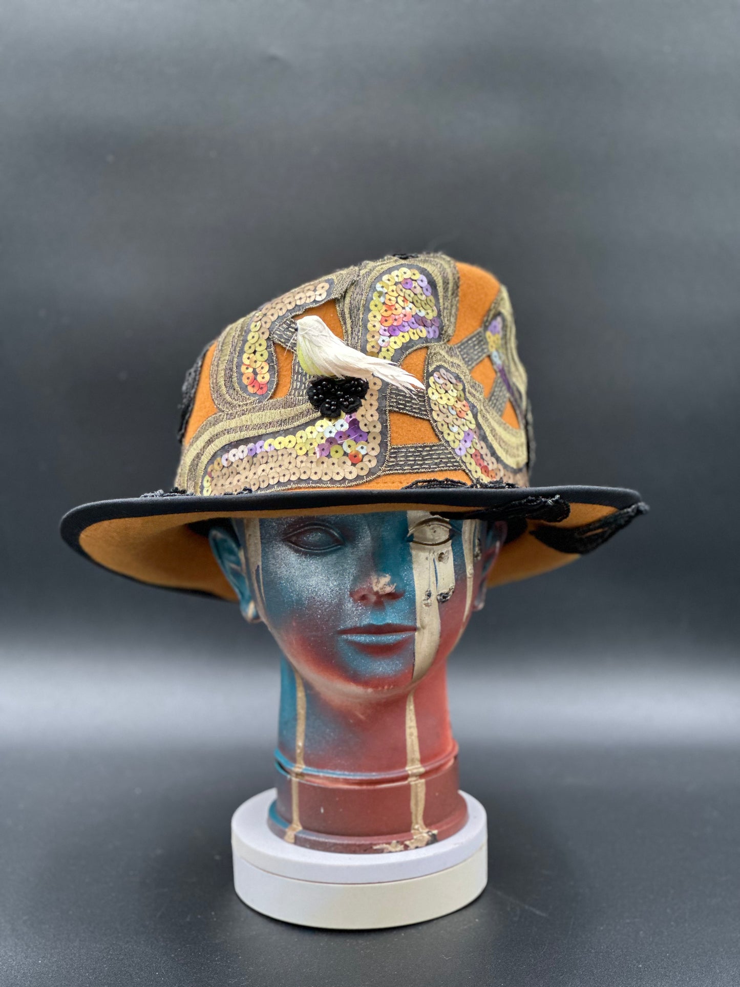 New Orleans Mustard Wool Top Hat - Front View - Fabric Collage Detail