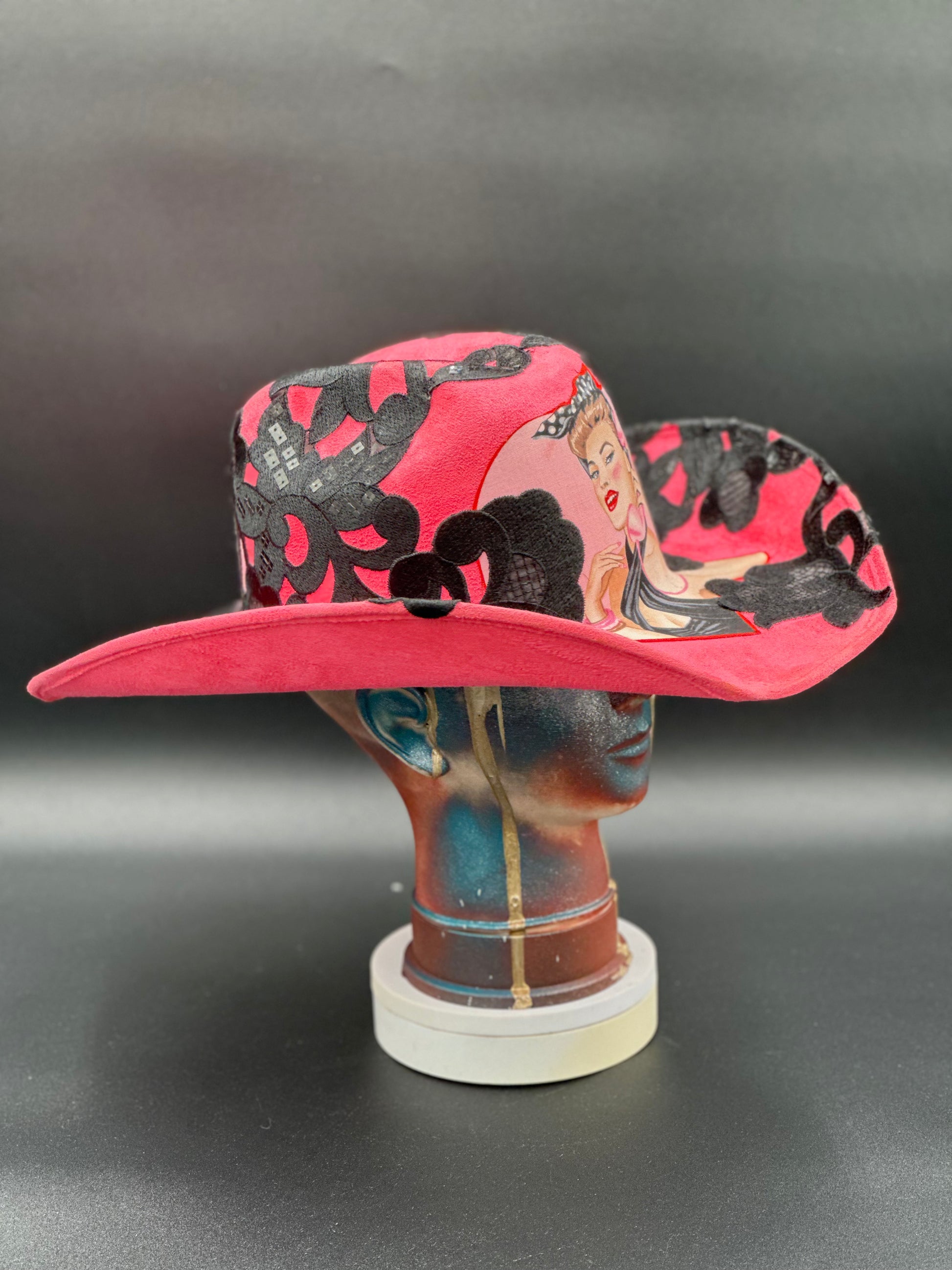 Close-up of the intricate lace detailing on the L.A. Pinup Girl Hot Pink Suede Hat.