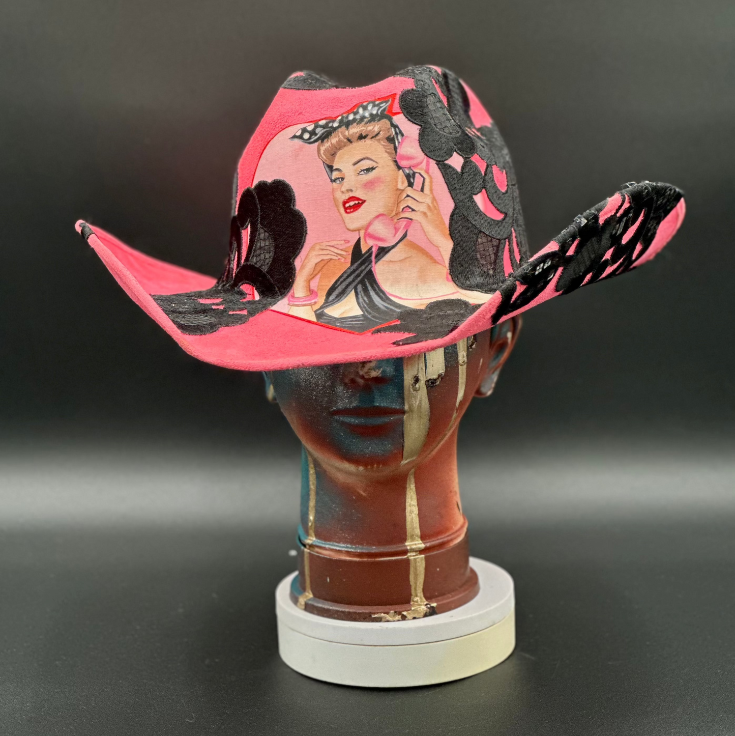 L.A. Pinup Girl Hot Pink Suede Hat with pinup girl embroidery and lace details, front view.