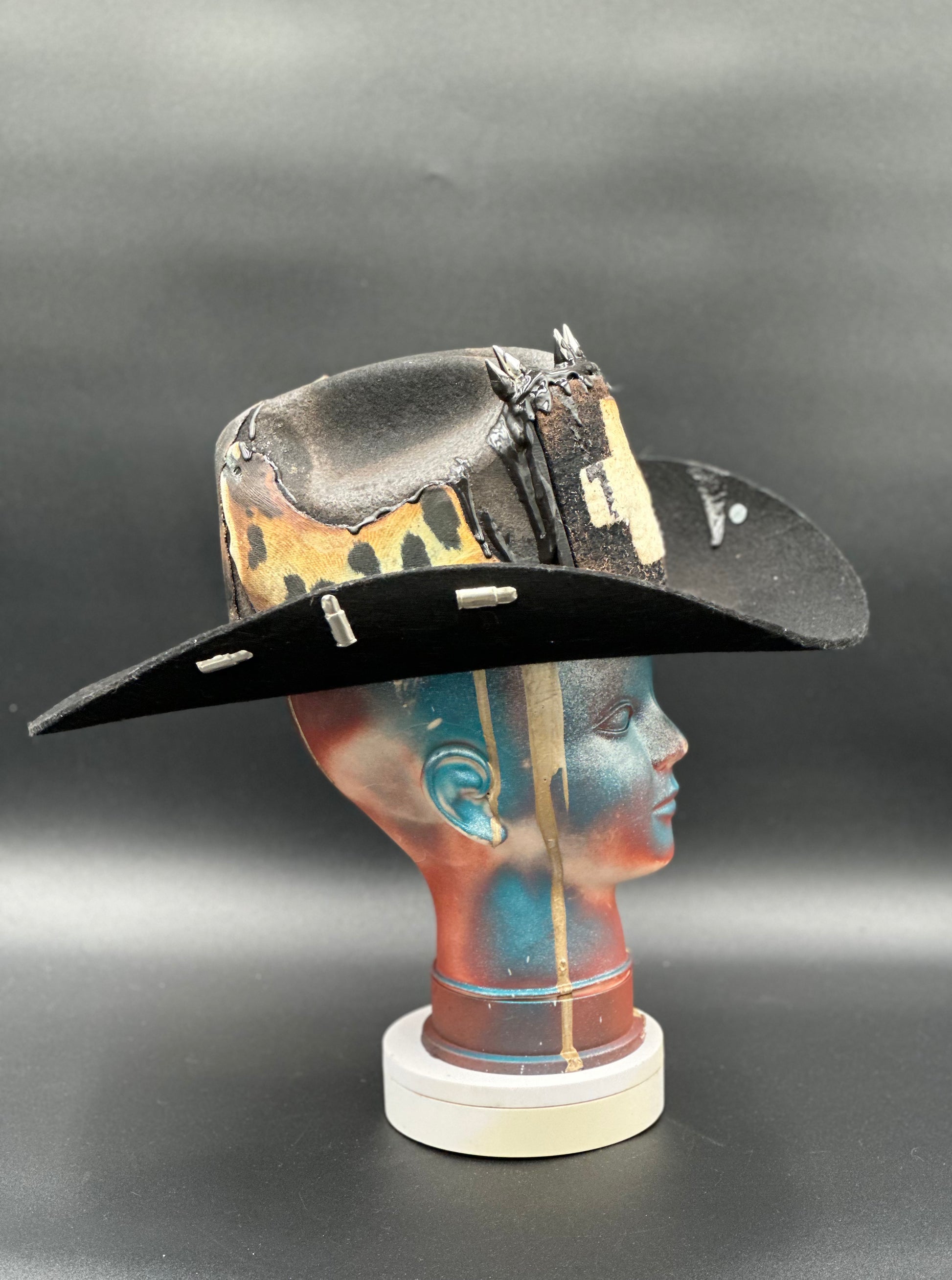 Side view of the London Black Wool Cowboy Hat, highlighting the spike embellishments and the hat's silhouette.