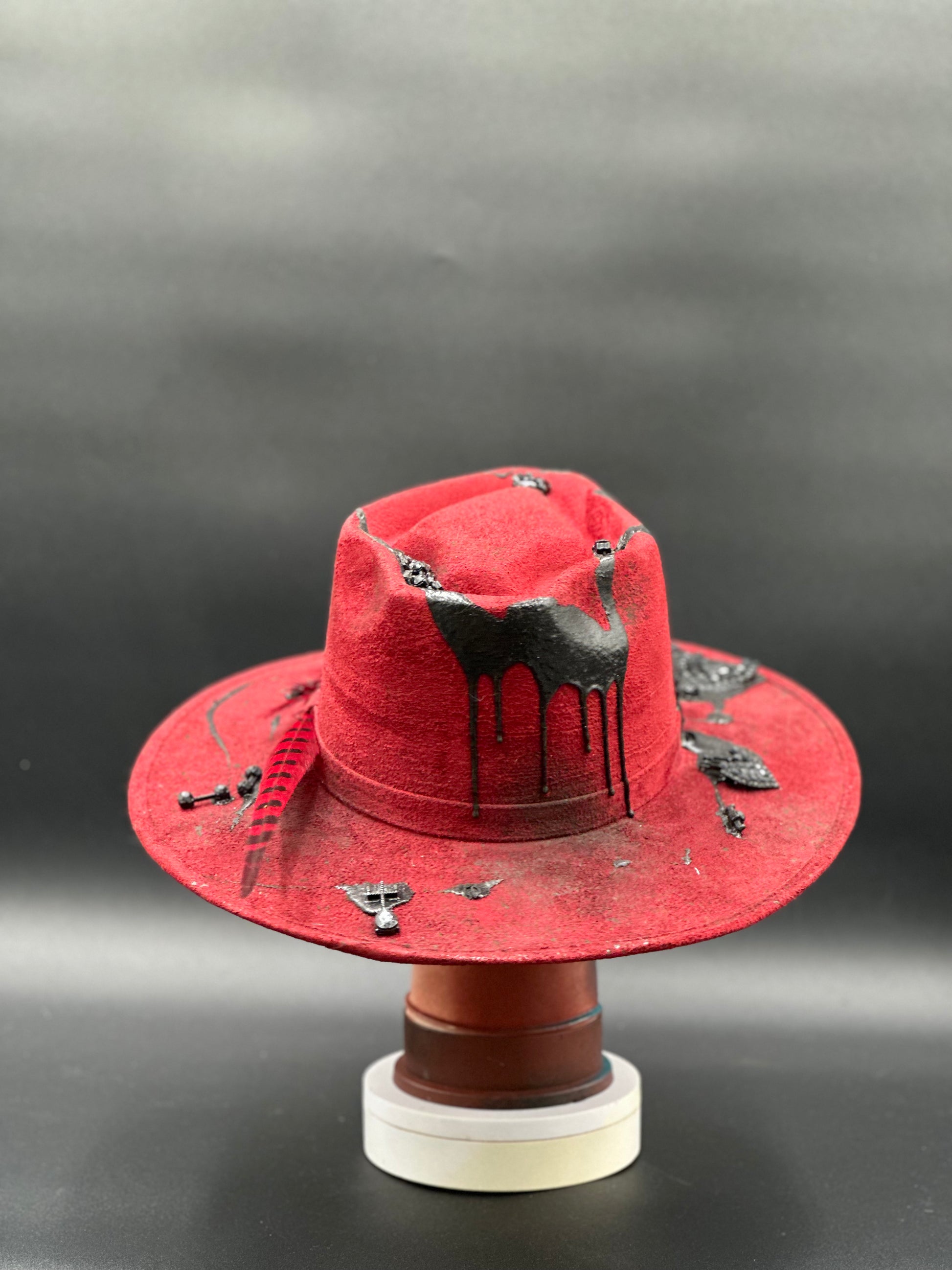 Back view of the Madrid Red Arrow Suede Hat, showing the full design and details from the rear.