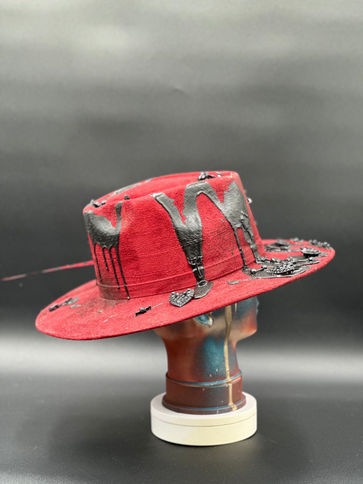 Back view of the Madrid Red Arrow Suede Hat, showing the full design and details from the rear.