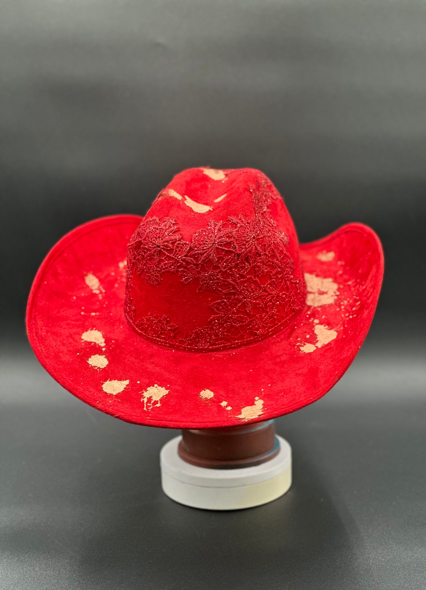 Back view of the Miami Beach Red Suede Hat on a mannequin head, showing the full design and details from the rear.