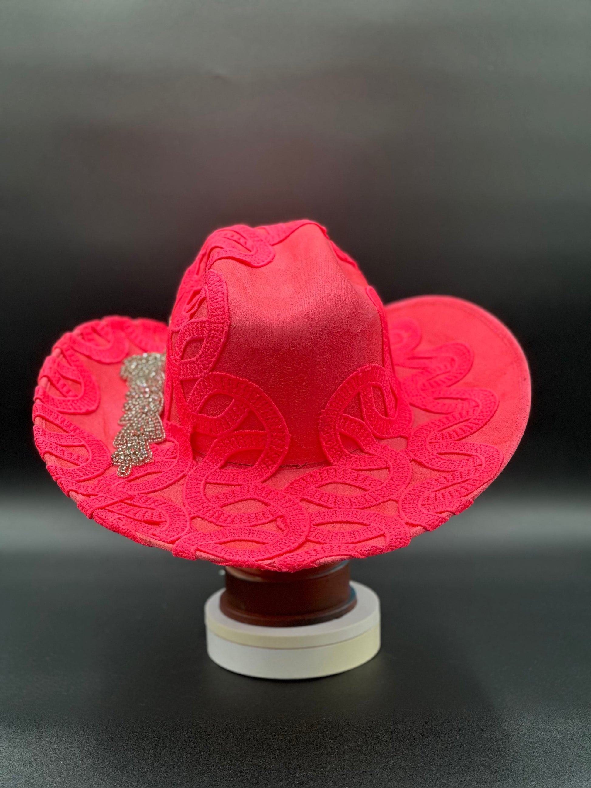 Back view of the Texas Blink Hot Pink Suede Cowboy Hat, showing the texture and craftsmanship of the suede.