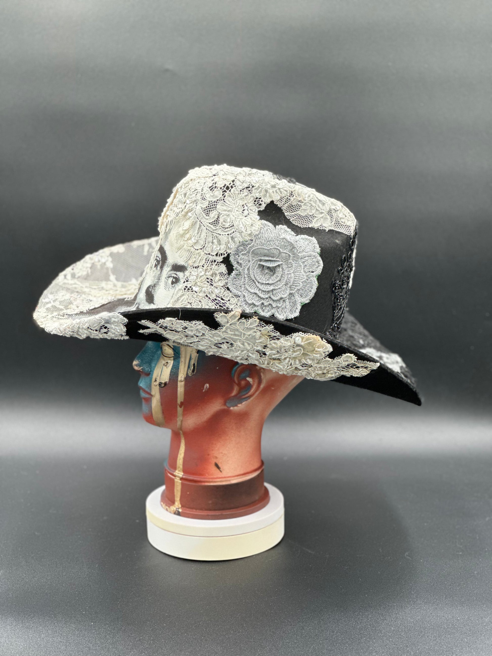 Side view of the Wedding of Frida and Death Cowboy Hat, highlighting the unique charm placement and the hat's shape