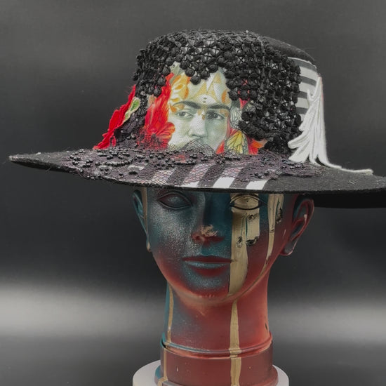 360-degree video of the Coyoacán Frida Kahlo Black Wool Cordobés Hat rotating on a mannequin head, showcasing the hat's full design and details from all angles.