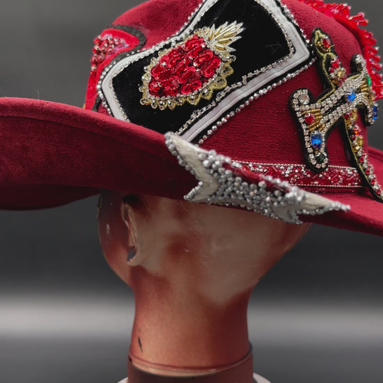 360-degree view of the China - Red Suede Cowboy Hat, showcasing its design from all angles.