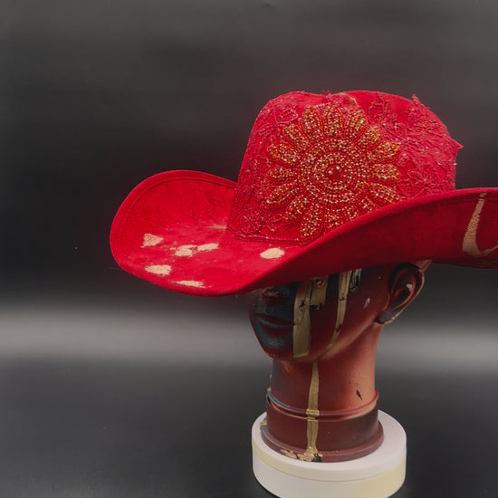 360-degree video of the Miami Beach Red Suede Hat rotating on a mannequin head, showcasing the hat's full design, red suede texture, and vibrant color from all angles.