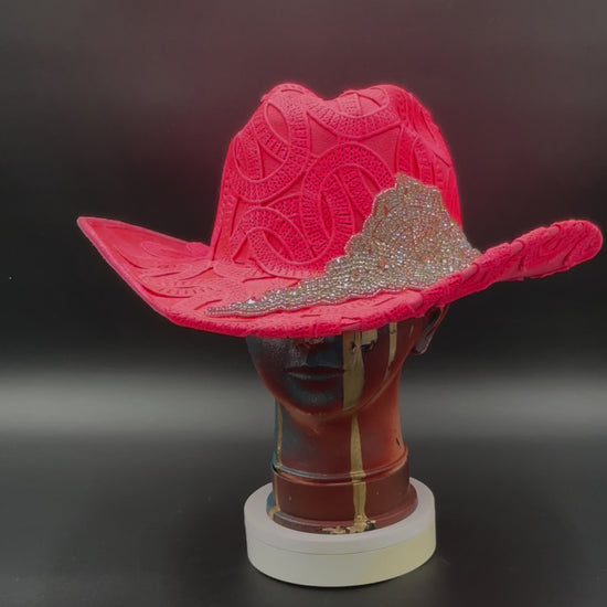 360-degree view of the Texas Blink Hot Pink Suede Cowboy Hat, showcasing its design and sparkle from all angles.