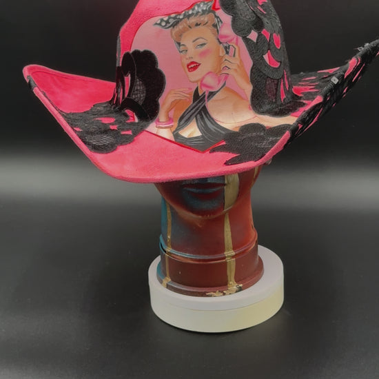 360-degree view of the L.A. Pinup Girl Hot Pink Suede Hat, showcasing its design and details from all angles.