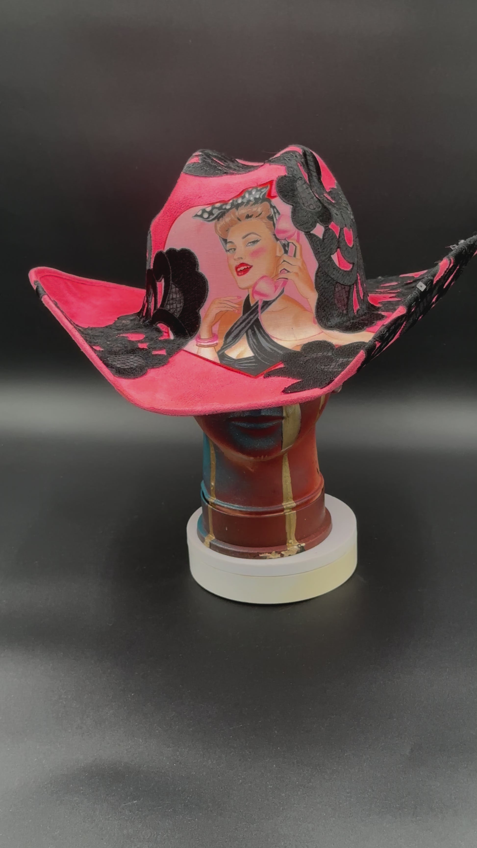 360-degree view of the L.A. Pinup Girl Hot Pink Suede Hat, showcasing its design and details from all angles.